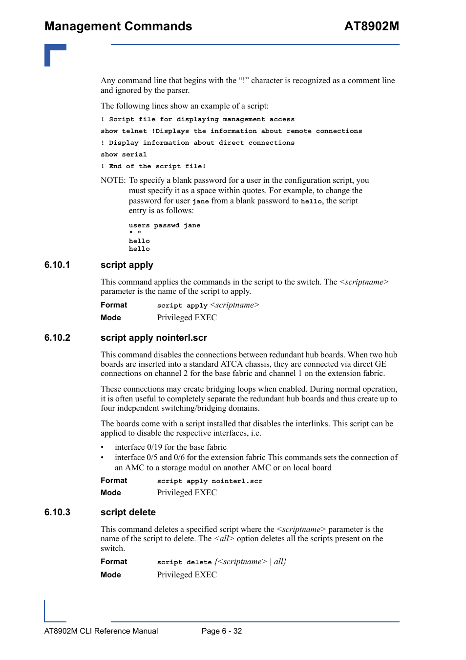 1 script apply, 2 script apply nointerl.scr, 3 script delete | Management commands at8902m | Kontron AT8902M CLI User Manual | Page 284 / 315