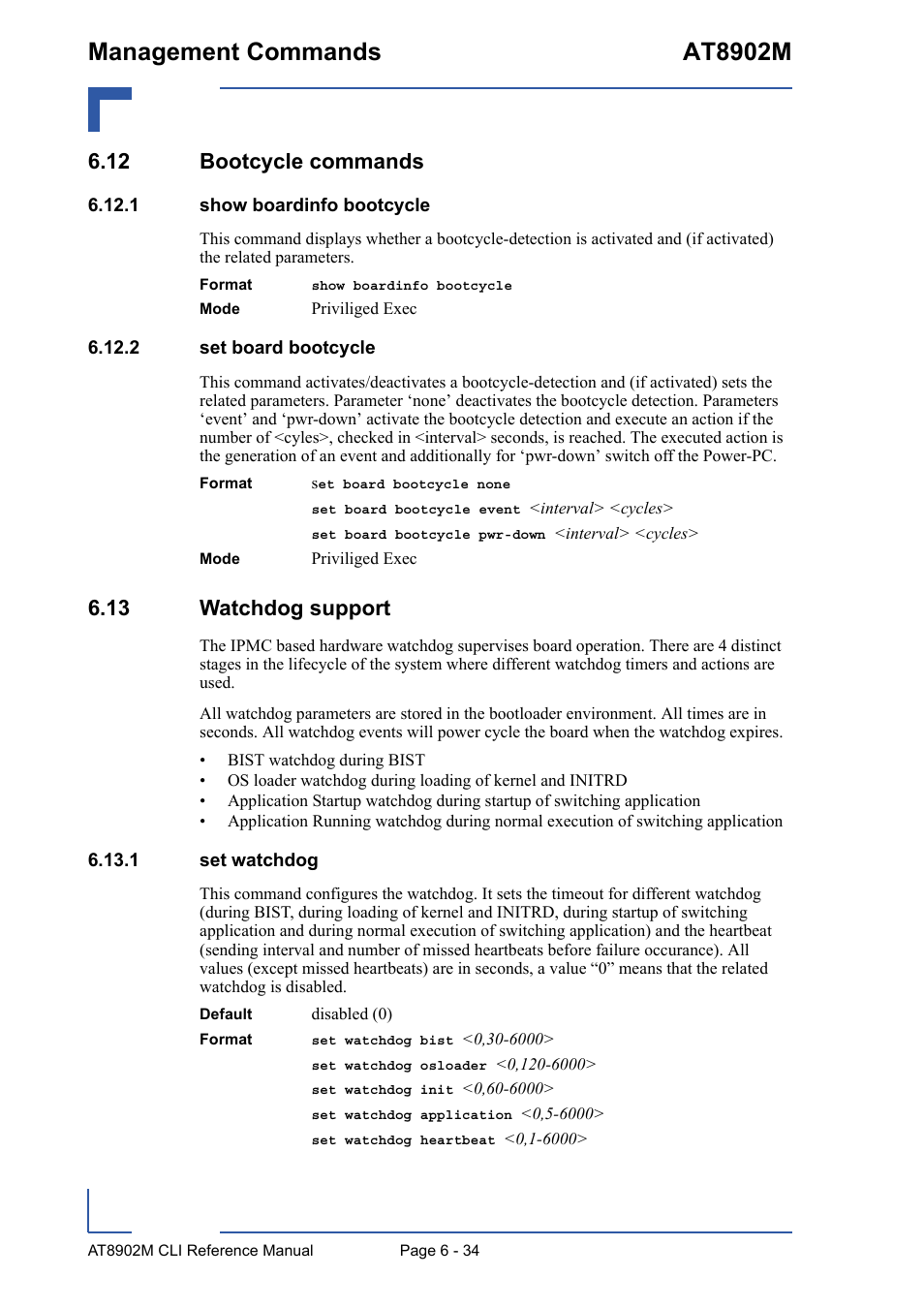 12 bootcycle commands, 1 show boardinfo bootcycle, 2 set board bootcycle | 13 watchdog support, 1 set watchdog, 12 bootcycle commands - 34, 13 watchdog support - 34, 1 set watchdog - 34, Management commands at8902m | Kontron AT8902M CLI User Manual | Page 286 / 315