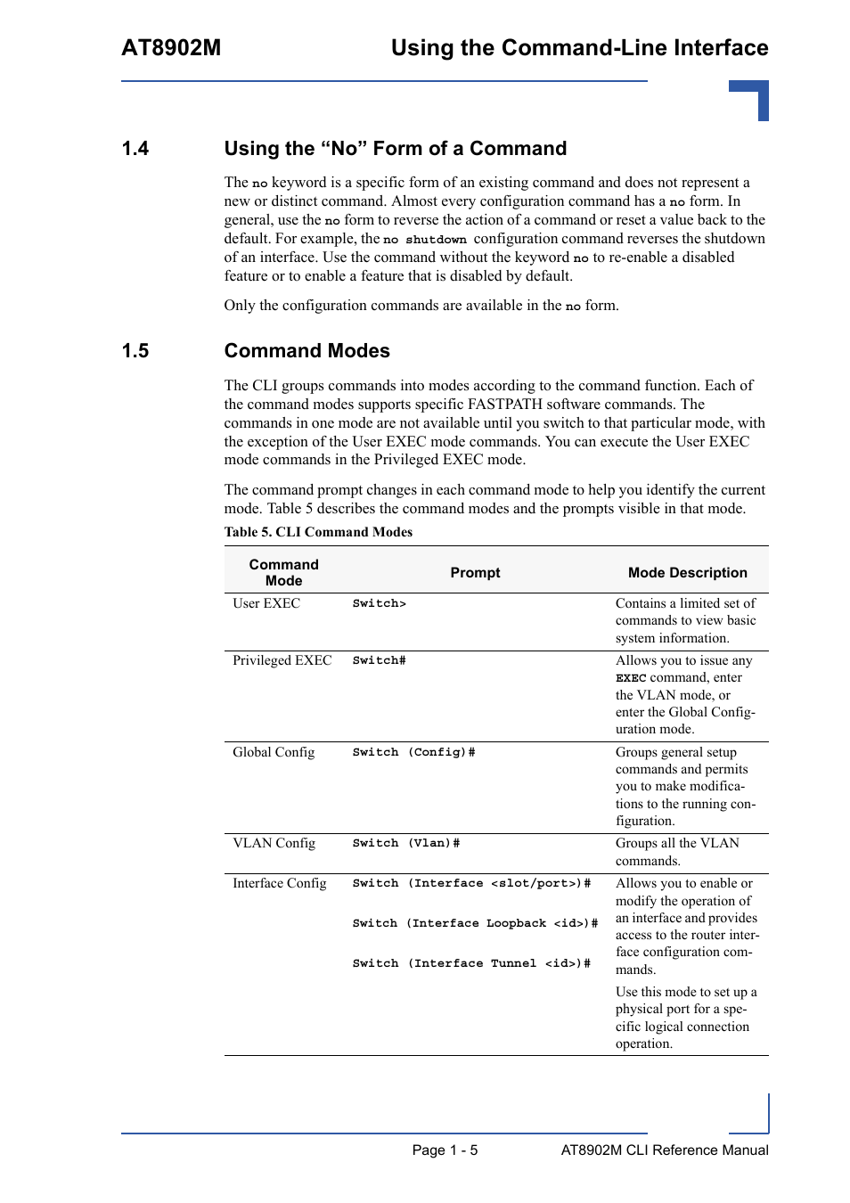 4 using the “no” form of a command, 5 command modes, At8902m using the command-line interface | Kontron AT8902M CLI User Manual | Page 31 / 315