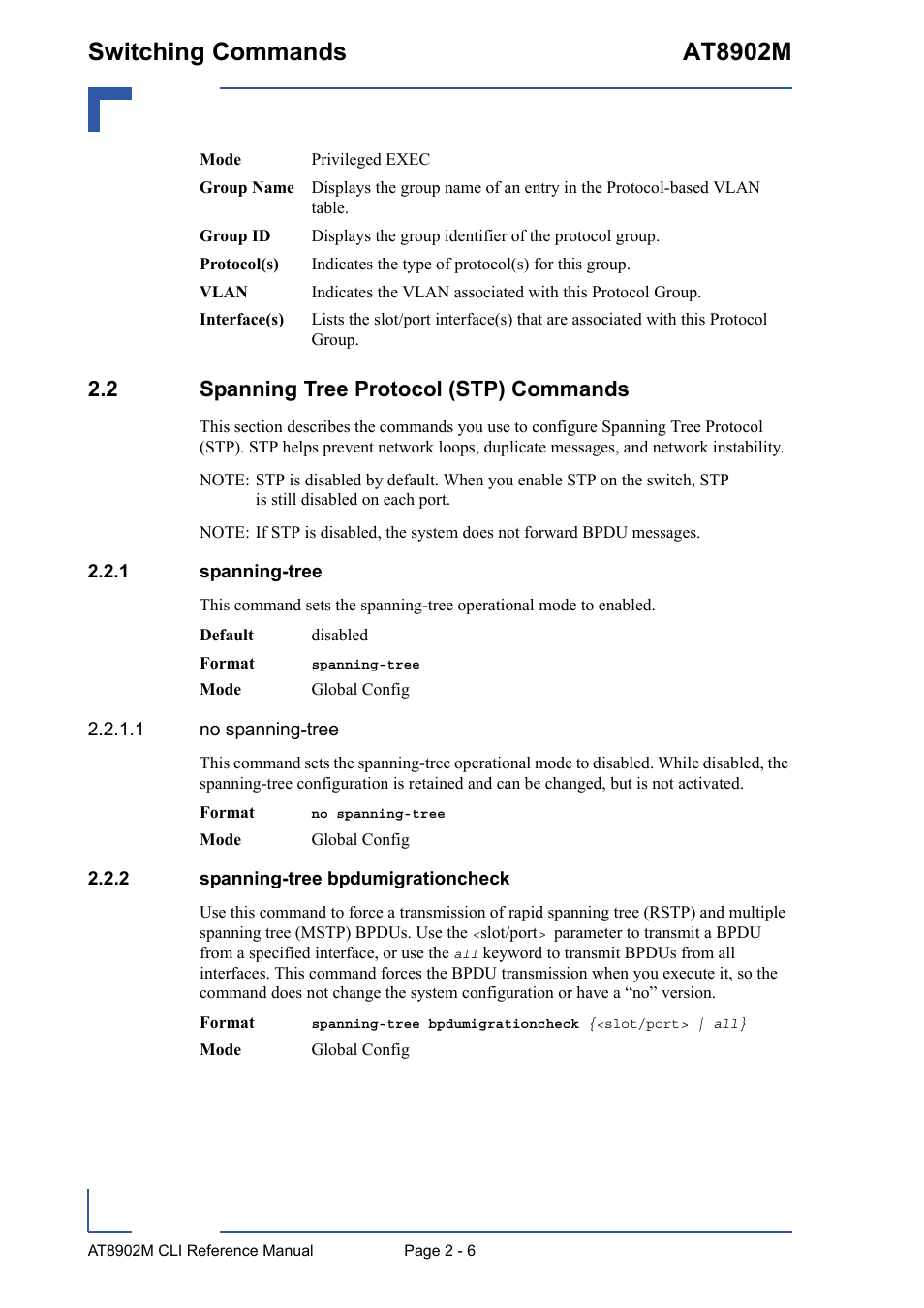 2 spanning tree protocol (stp) commands, 1 spanning-tree, 2 spanning-tree bpdumigrationcheck | 2 spanning tree protocol (stp) commands - 6, Spanning-tree - 6, Spanning-tree bpdumigrationcheck - 6, Switching commands at8902m | Kontron AT8902M CLI User Manual | Page 42 / 315