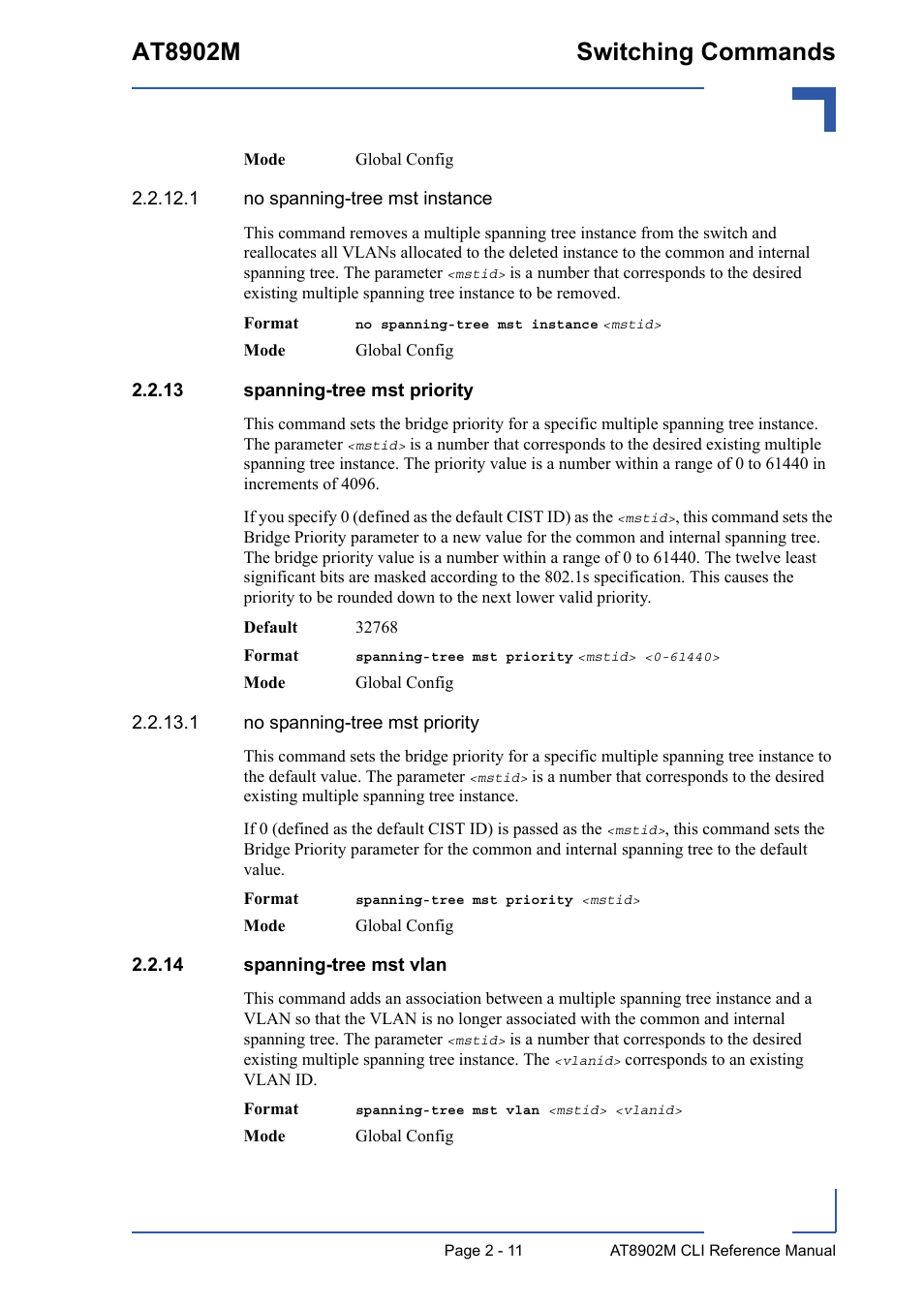 13 spanning-tree mst priority, 14 spanning-tree mst vlan, At8902m switching commands | Kontron AT8902M CLI User Manual | Page 47 / 315