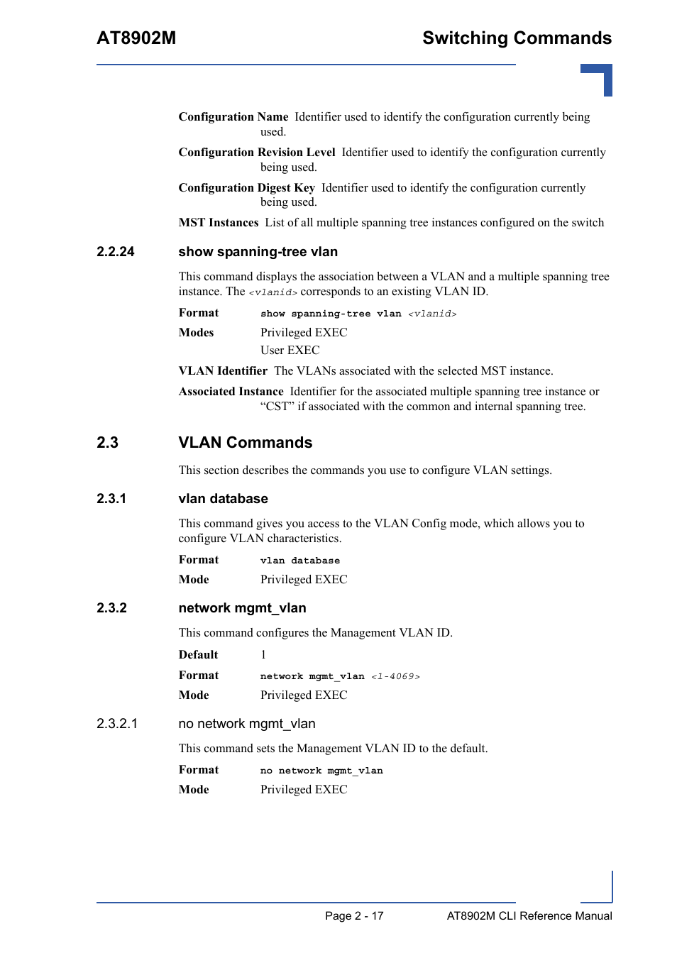 24 show spanning-tree vlan, 3 vlan commands, 1 vlan database | 2 network mgmt_vlan, 24 show spanning-tree vlan - 17, 3 vlan commands - 17, Vlan database - 17, Network mgmt_vlan - 17, At8902m switching commands | Kontron AT8902M CLI User Manual | Page 53 / 315