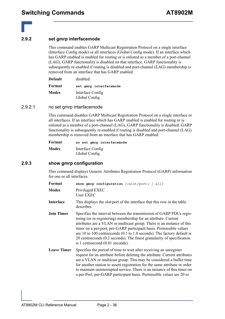 2 set gmrp interfacemode, 3 show gmrp configuration, Set gmrp interfacemode - 36 | Show gmrp configuration - 36, Switching commands at8902m | Kontron AT8902M CLI User Manual | Page 72 / 315