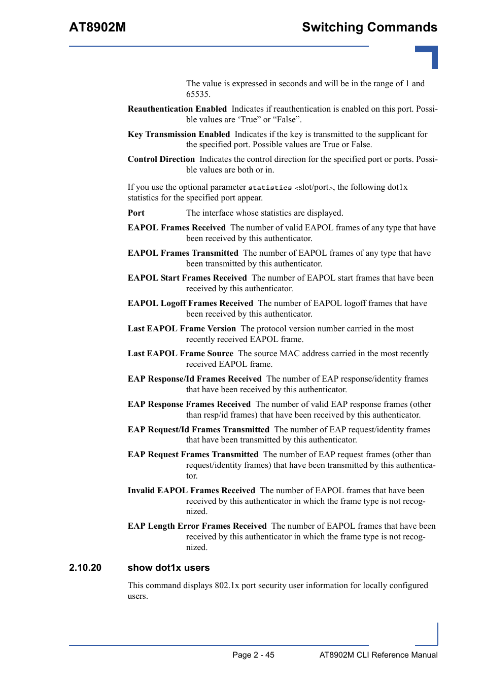 20 show dot1x users, 20 show dot1x users - 45, At8902m switching commands | Kontron AT8902M CLI User Manual | Page 81 / 315