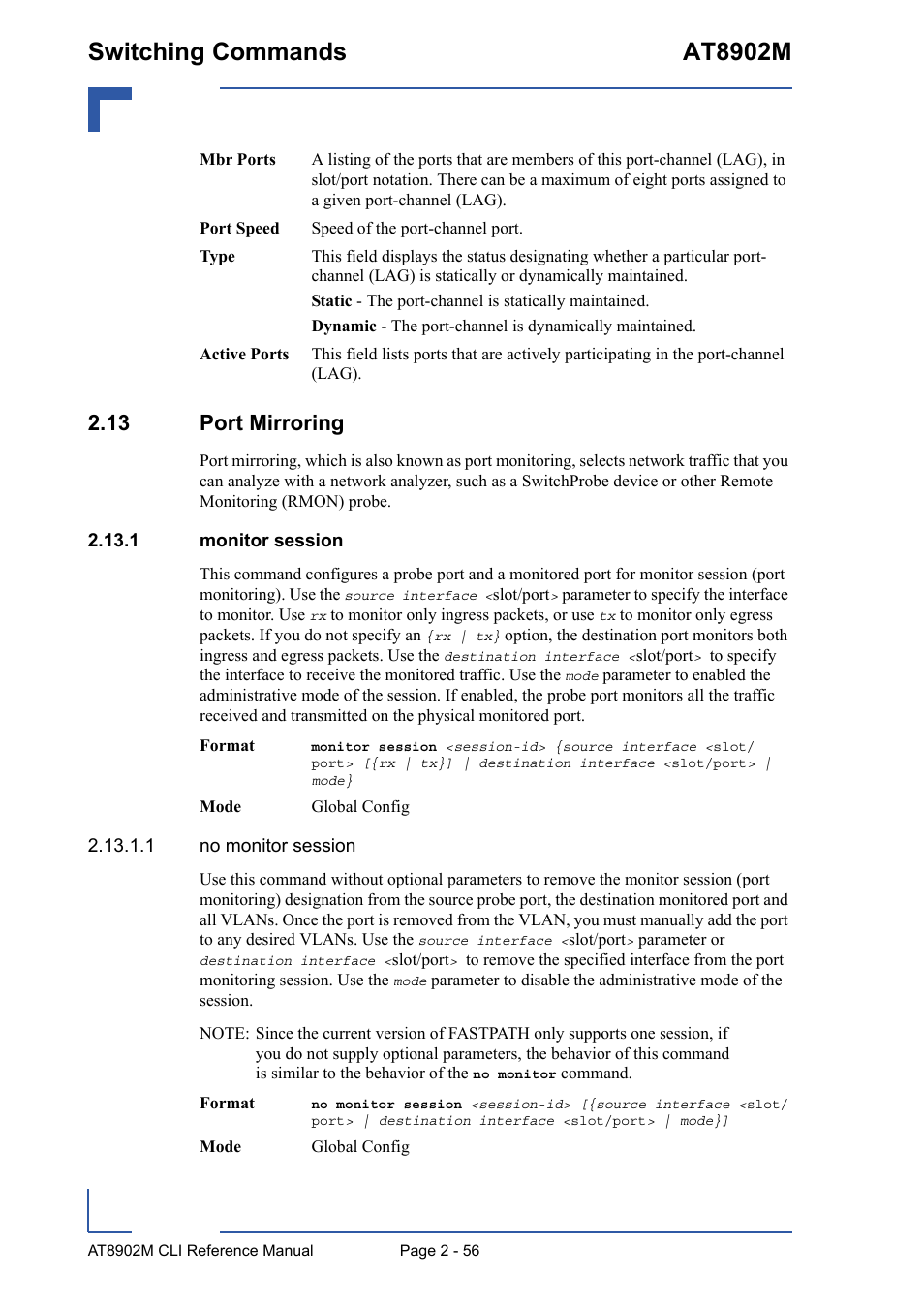 13 port mirroring, 1 monitor session, 13 port mirroring - 56 | 1 monitor session - 56, Switching commands at8902m | Kontron AT8902M CLI User Manual | Page 92 / 315