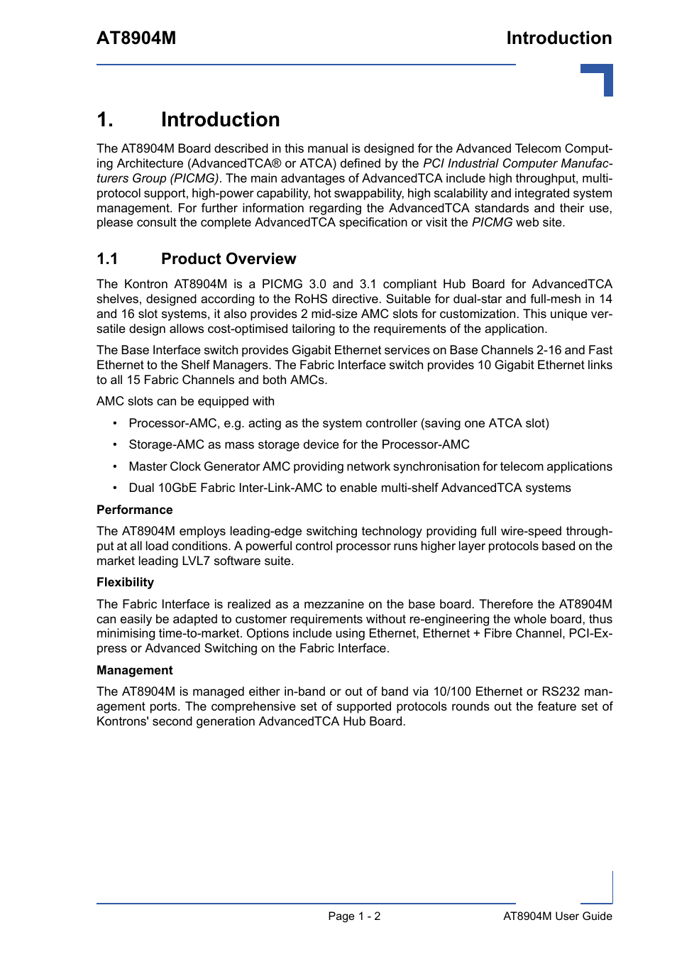 Introduction, 1 product overview, Introduction - 2 | 1 product overview - 2, At8904m introduction | Kontron AT8904 User Manual | Page 15 / 93