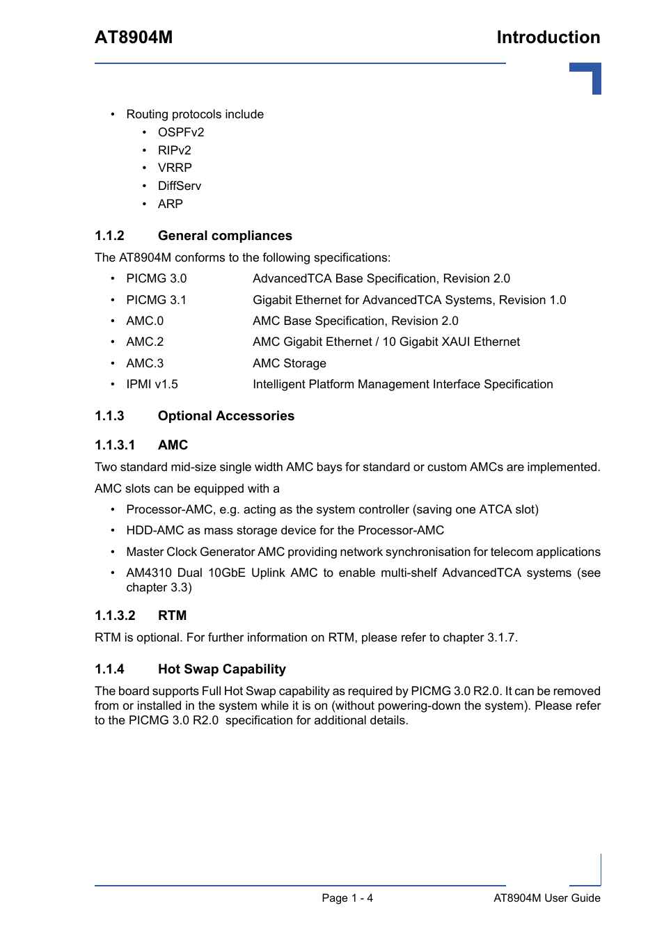 2 general compliances, 3 optional accessories, 4 hot swap capability | General compliances - 4, Optional accessories - 4, Hot swap capability - 4, At8904m introduction | Kontron AT8904 User Manual | Page 17 / 93