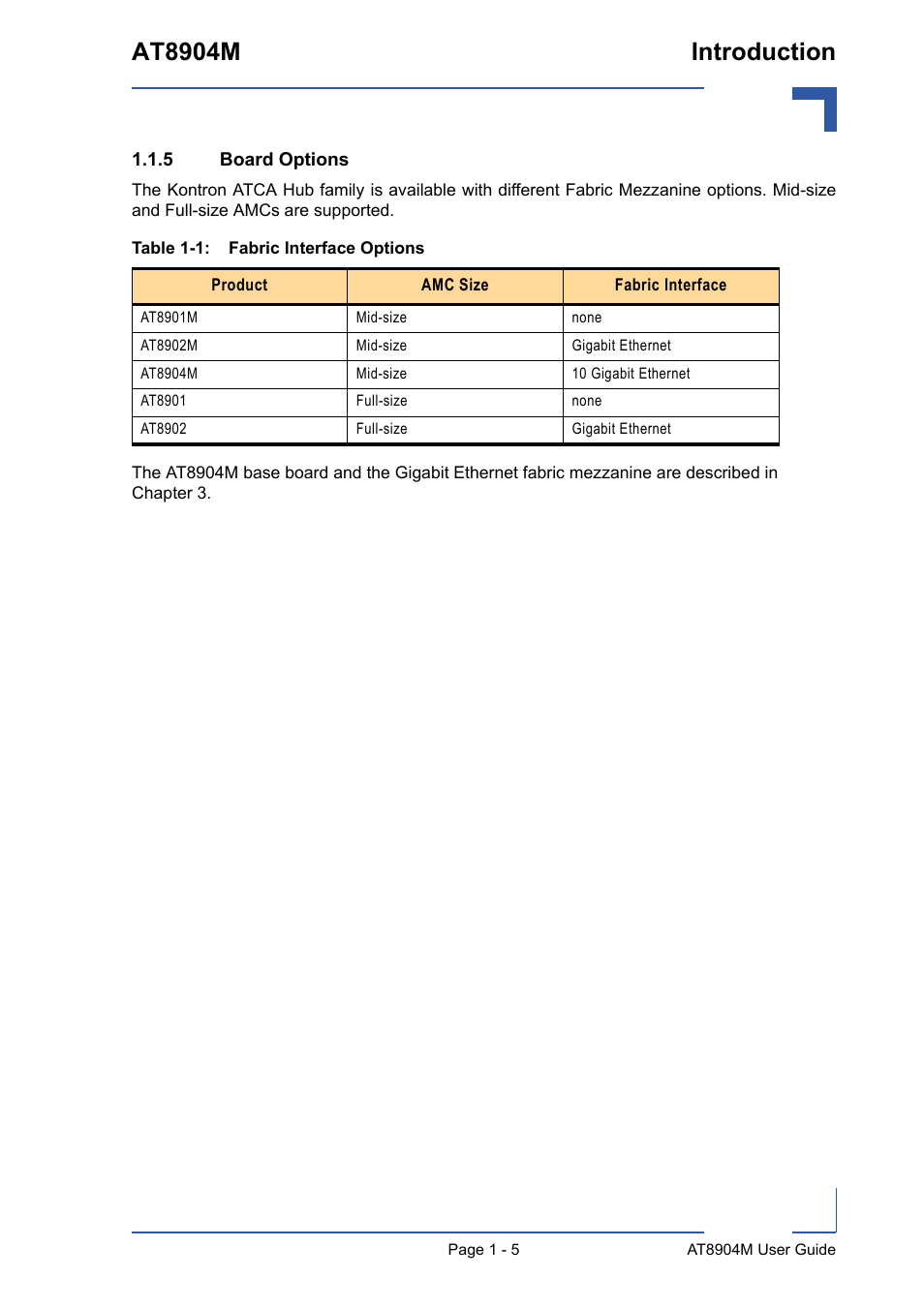 5 board options, Board options - 5, Fabric interface options - 5 | At8904m introduction | Kontron AT8904 User Manual | Page 18 / 93