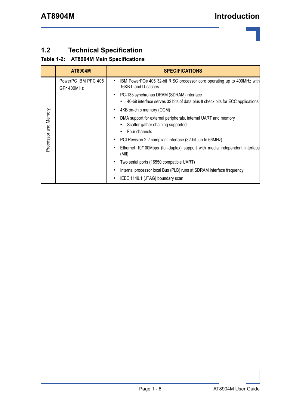 2 technical specification, 2 technical specification - 6, At8904m main specifications - 6 | At8904m introduction | Kontron AT8904 User Manual | Page 19 / 93