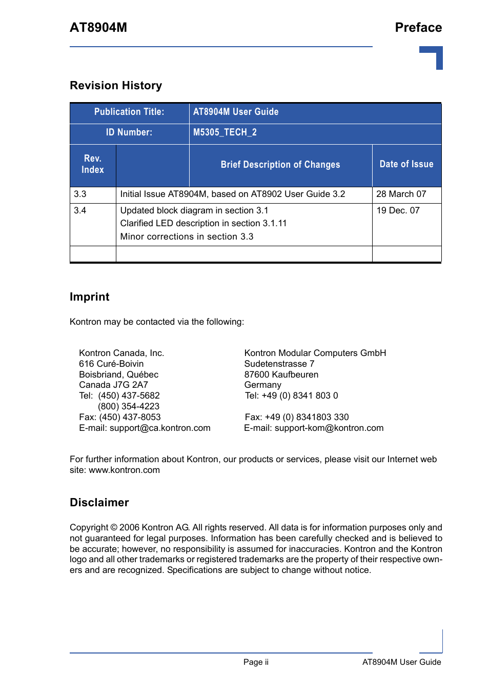 Revision history, Imprint, Disclaimer | At8904m preface, Revision history imprint | Kontron AT8904 User Manual | Page 2 / 93