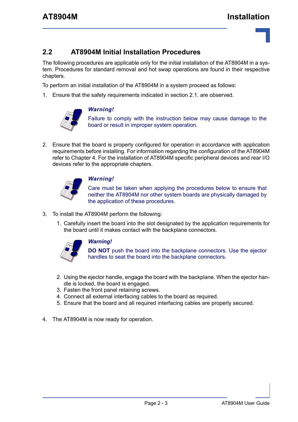 2 at8904m initial installation procedures, To install the at8904m perform the following, 2 at8904m initial installation procedures - 3 | At8904m installation | Kontron AT8904 User Manual | Page 31 / 93