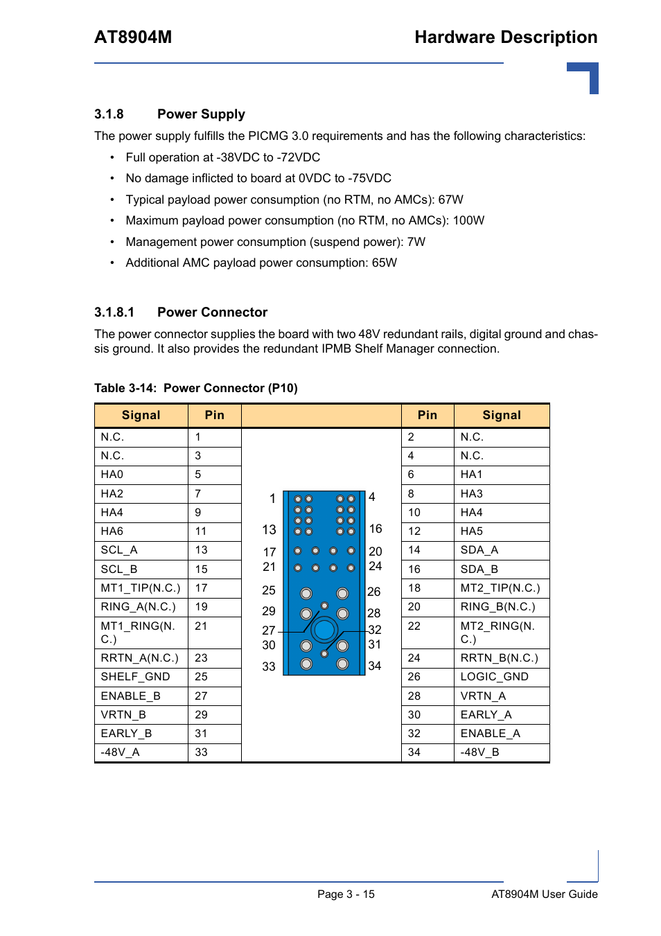 8 power supply, Power supply - 15, 14 power connector (p10) - 15 | At8904m hardware description | Kontron AT8904 User Manual | Page 49 / 93