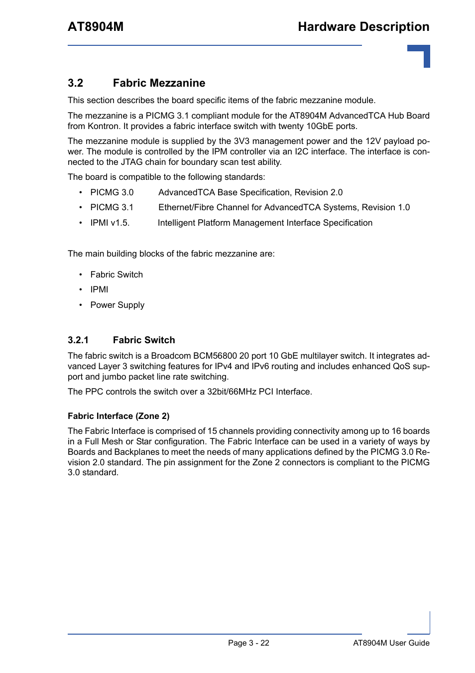 2 fabric mezzanine, 1 fabric switch, 2 fabric mezzanine - 23 | Fabric switch - 23, At8904m hardware description | Kontron AT8904 User Manual | Page 56 / 93