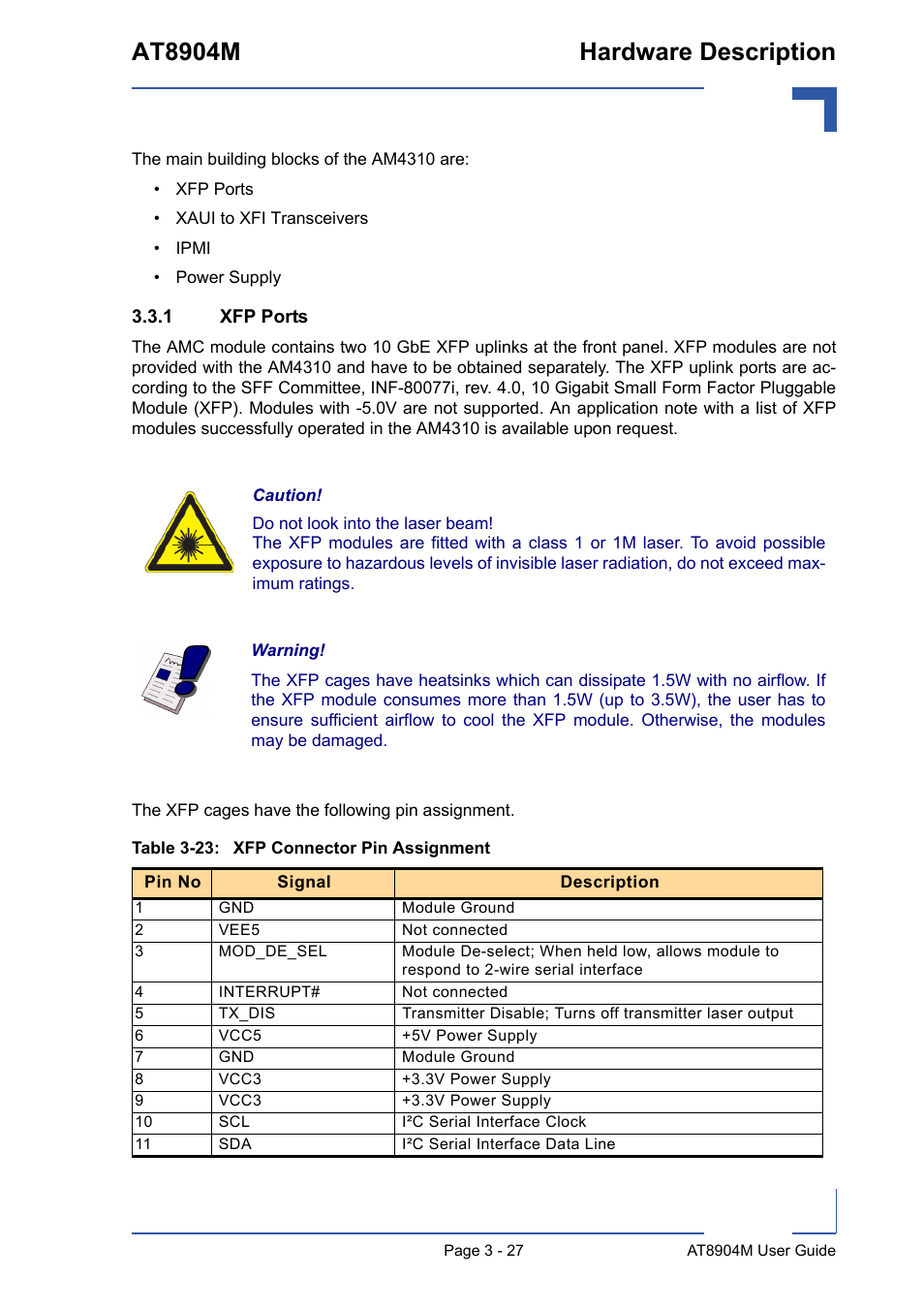 1 xfp ports, Xfp ports - 28, 23 xfp connector pin assignment - 28 | At8904m hardware description | Kontron AT8904 User Manual | Page 61 / 93