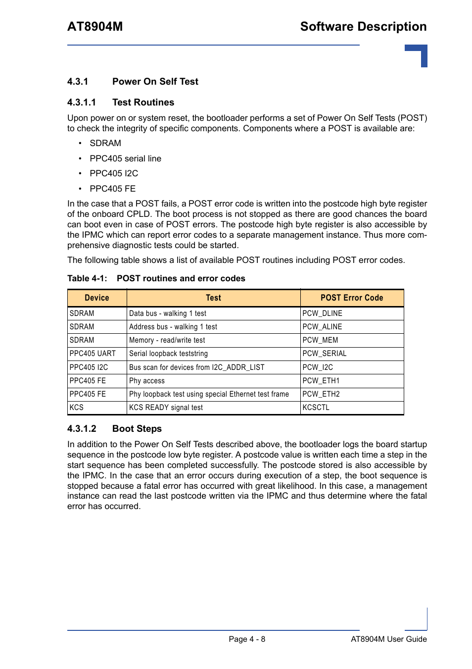 1 power on self test, Power on self test - 8, Post routines and error codes - 8 | At8904m software description | Kontron AT8904 User Manual | Page 74 / 93