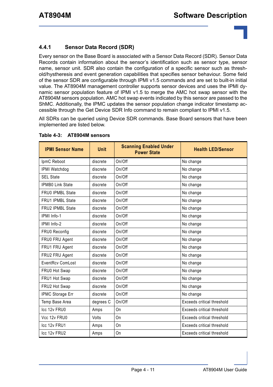 1 sensor data record (sdr), Sensor data record (sdr) - 11, At8904m sensors - 11 | At8904m software description | Kontron AT8904 User Manual | Page 77 / 93