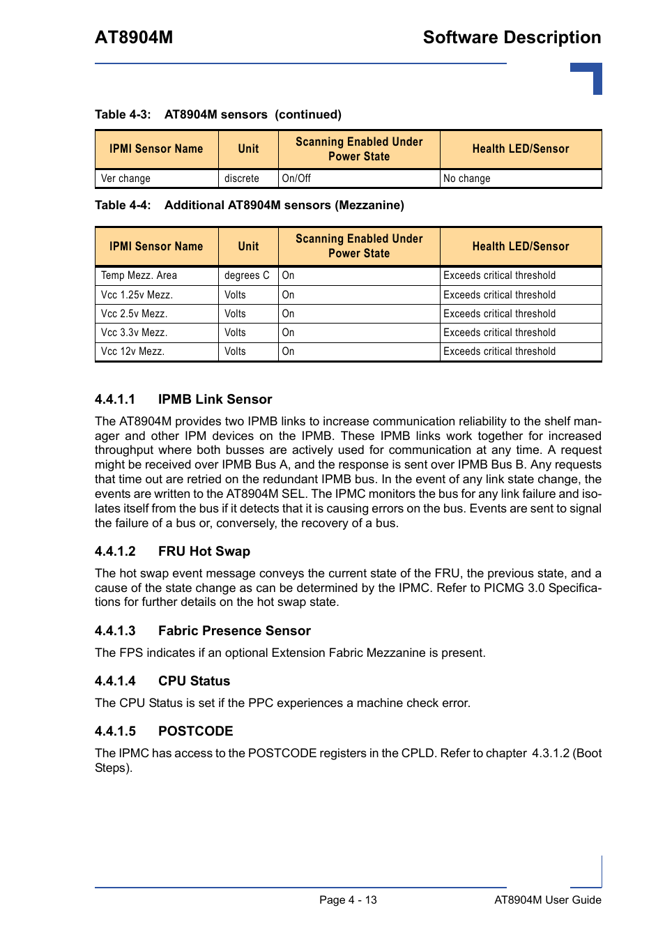 Additional at8904m sensors (mezzanine) - 13, At8904m software description | Kontron AT8904 User Manual | Page 79 / 93