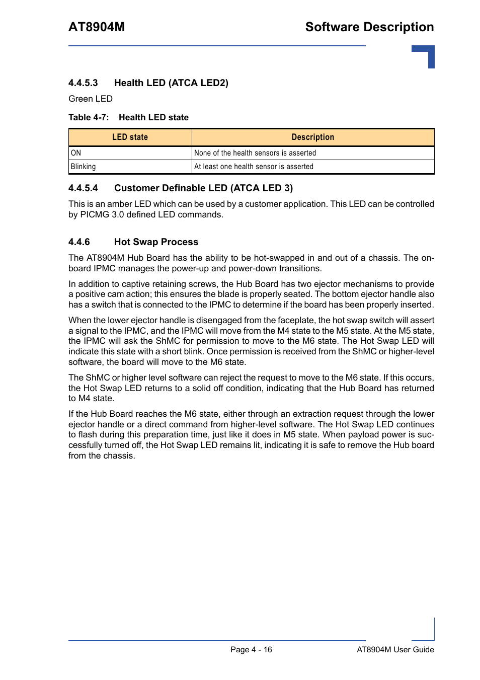 6 hot swap process, Hot swap process - 16, Health led state - 16 | At8904m software description | Kontron AT8904 User Manual | Page 82 / 93