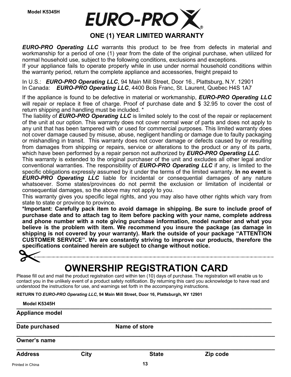 Ownership registration card | Bravetti PLATINUM PRO K5345H User Manual | Page 15 / 15