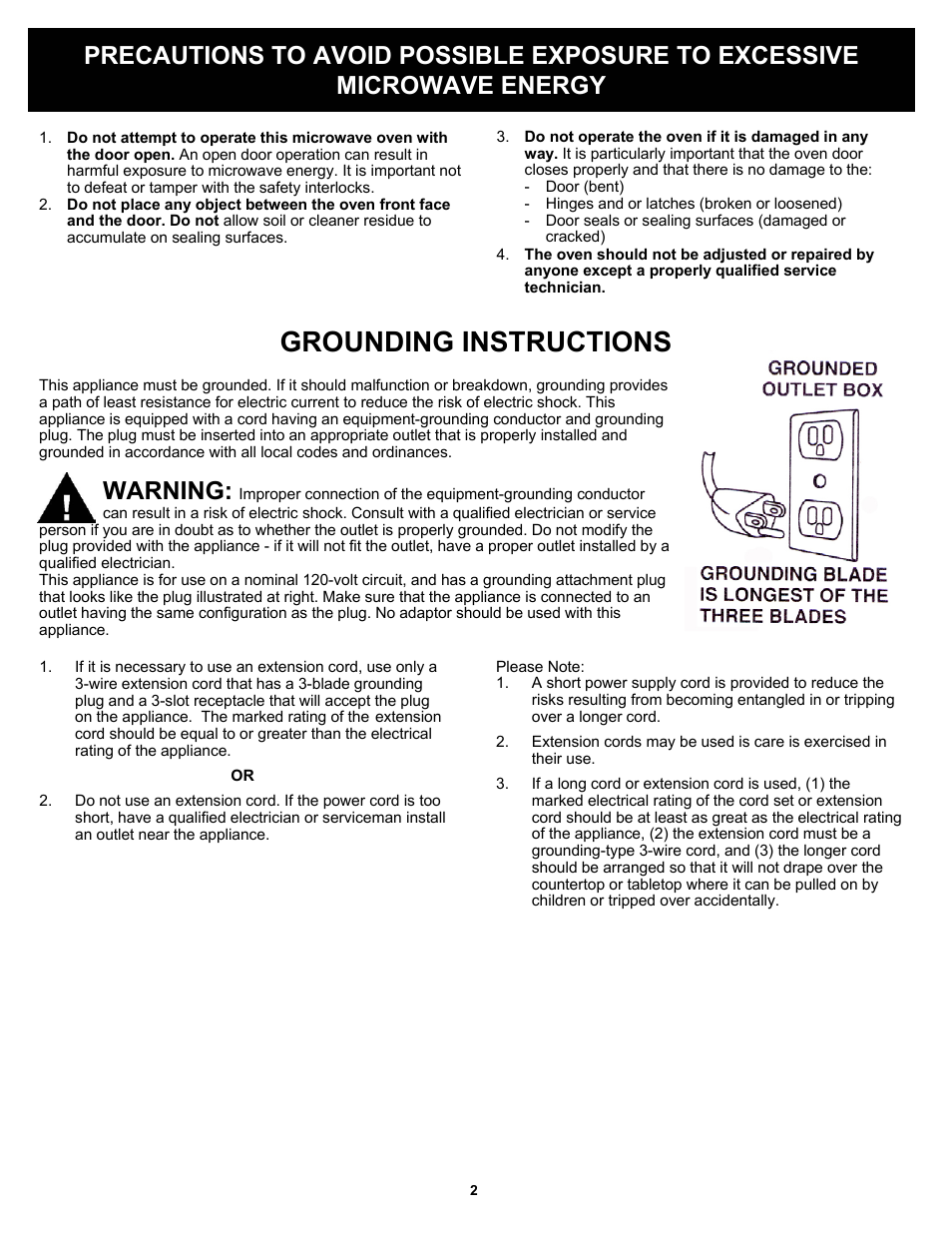 Grounding instructions, Warning | Bravetti PLATINUM PRO K5345H User Manual | Page 4 / 15