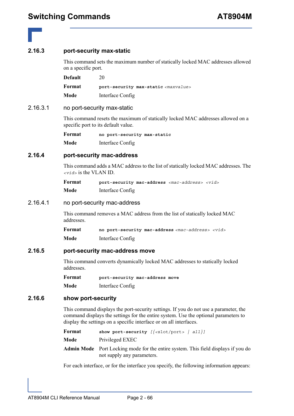 3 port-security max-static, 4 port-security mac-address, 5 port-security mac-address move | 6 show port-security, Switching commands at8904m | Kontron AT8904 CLI User Manual | Page 102 / 317