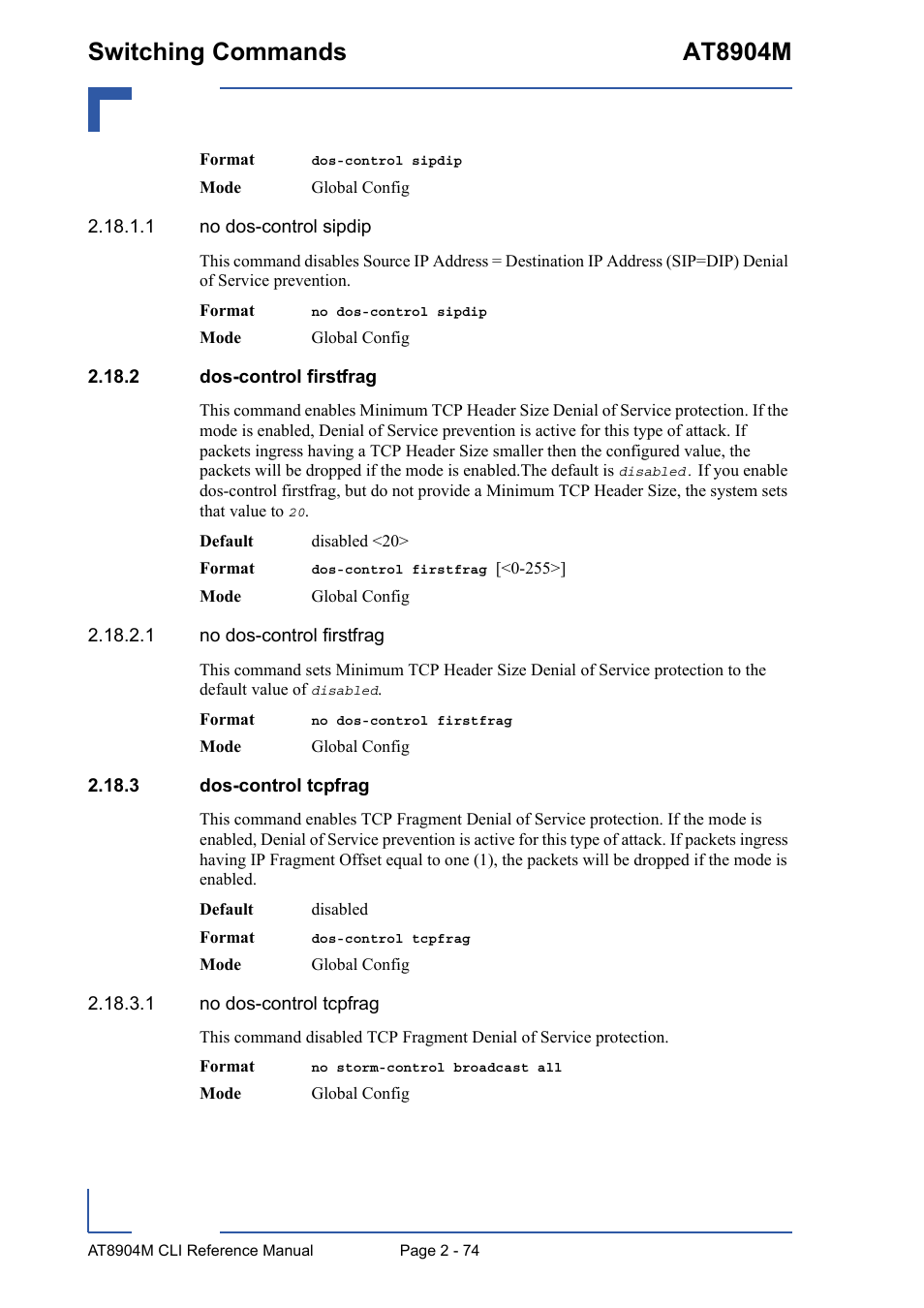 2 dos-control firstfrag, 3 dos-control tcpfrag, Switching commands at8904m | Kontron AT8904 CLI User Manual | Page 110 / 317