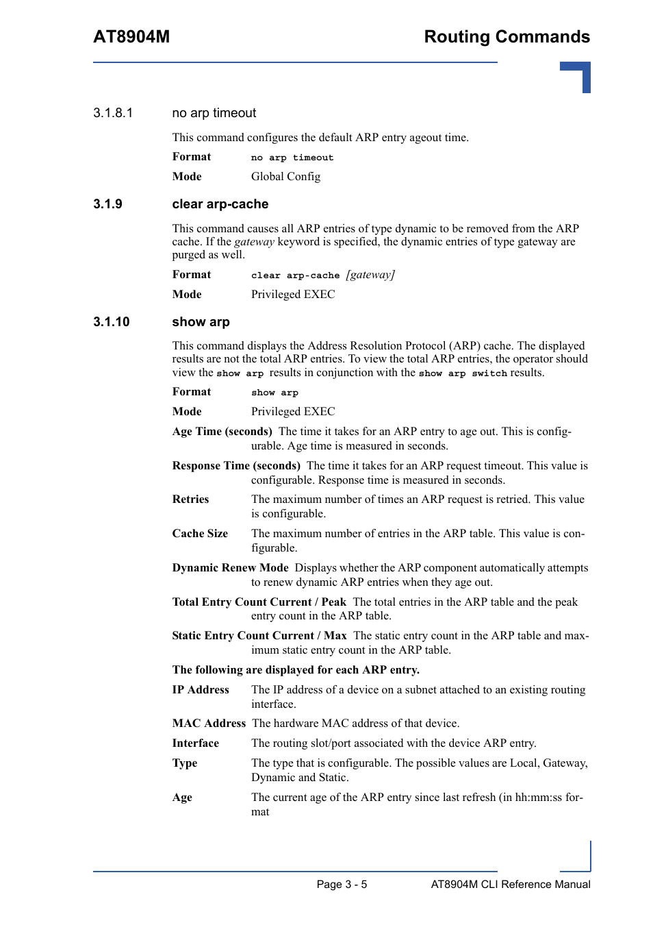 9 clear arp-cache, 10 show arp, Clear arp-cache - 5 | 10 show arp - 5, At8904m routing commands | Kontron AT8904 CLI User Manual | Page 119 / 317