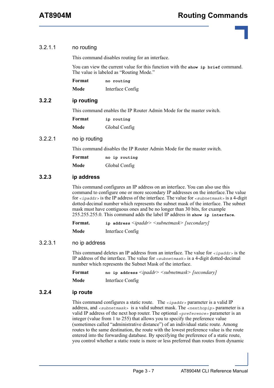 2 ip routing, 3 ip address, 4 ip route | Ip routing - 7, Ip address - 7, Ip route - 7, At8904m routing commands | Kontron AT8904 CLI User Manual | Page 121 / 317