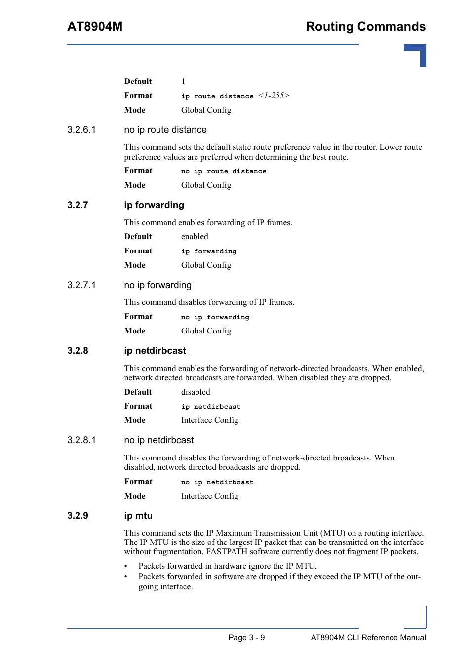 7 ip forwarding, 8 ip netdirbcast, 9 ip mtu | Ip forwarding - 9, Ip netdirbcast - 9, Ip mtu - 9, At8904m routing commands | Kontron AT8904 CLI User Manual | Page 123 / 317