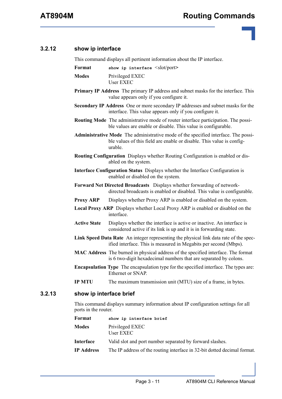 12 show ip interface, 13 show ip interface brief, At8904m routing commands | Kontron AT8904 CLI User Manual | Page 125 / 317