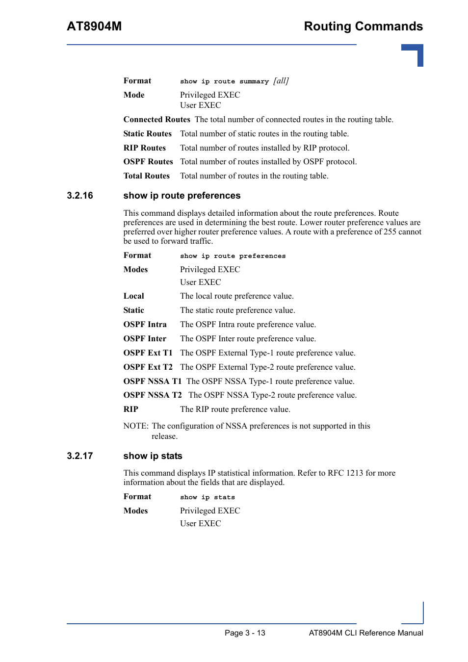 16 show ip route preferences, 17 show ip stats, At8904m routing commands | Kontron AT8904 CLI User Manual | Page 127 / 317