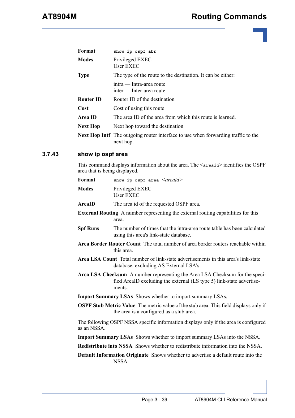 43 show ip ospf area, 43 show ip ospf area - 39, At8904m routing commands | Kontron AT8904 CLI User Manual | Page 153 / 317