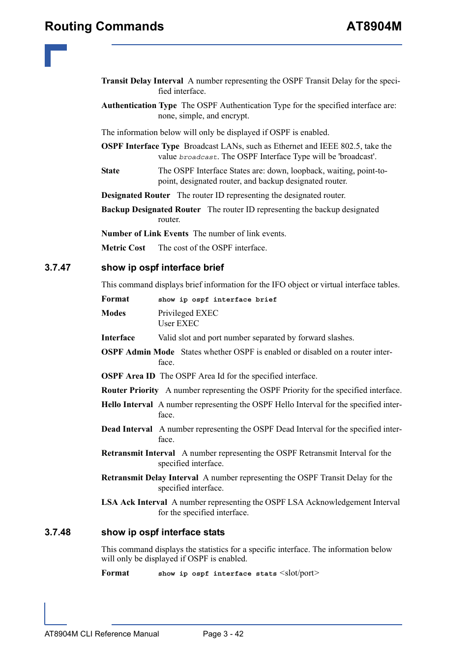 47 show ip ospf interface brief, 48 show ip ospf interface stats, Routing commands at8904m | Kontron AT8904 CLI User Manual | Page 156 / 317