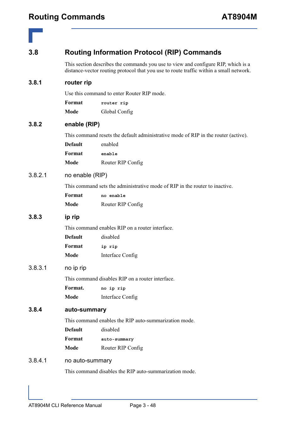 8 routing information protocol (rip) commands, 1 router rip, 2 enable (rip) | 3 ip rip, 4 auto-summary, 8 routing information protocol (rip) commands - 48, Router rip - 48, Enable (rip) - 48, Ip rip - 48, Auto-summary - 48 | Kontron AT8904 CLI User Manual | Page 162 / 317