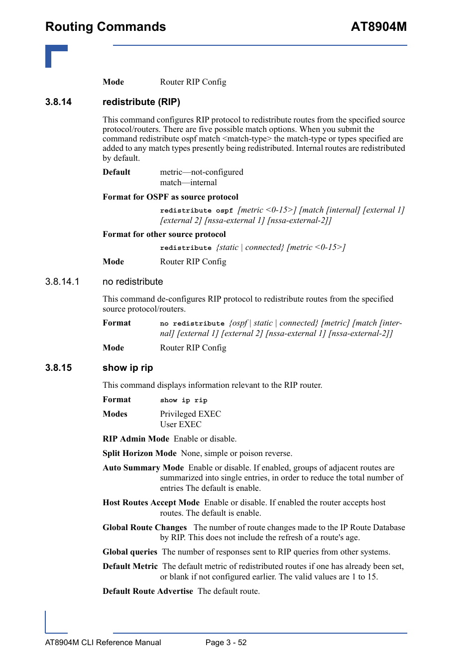 14 redistribute (rip), 15 show ip rip, 14 redistribute (rip) - 52 3.8.15 show ip rip - 52 | Routing commands at8904m | Kontron AT8904 CLI User Manual | Page 166 / 317