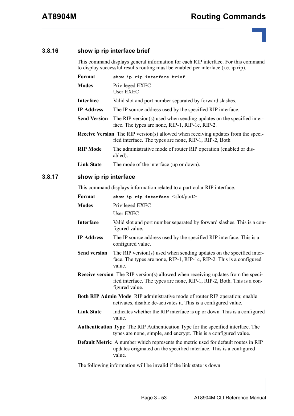 16 show ip rip interface brief, 17 show ip rip interface, At8904m routing commands | Kontron AT8904 CLI User Manual | Page 167 / 317