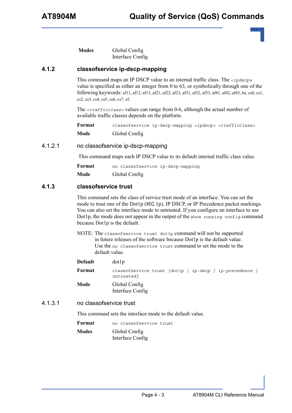 2 classofservice ip-dscp-mapping, 3 classofservice trust, Classofservice ip-dscp-mapping - 3 | Classofservice trust - 3, At8904m quality of service (qos) commands | Kontron AT8904 CLI User Manual | Page 171 / 317