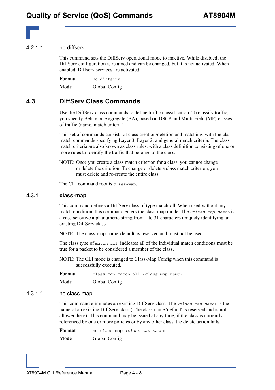 3 diffserv class commands, 1 class-map, 3 diffserv class commands - 8 | Class-map - 8, Quality of service (qos) commands at8904m | Kontron AT8904 CLI User Manual | Page 176 / 317