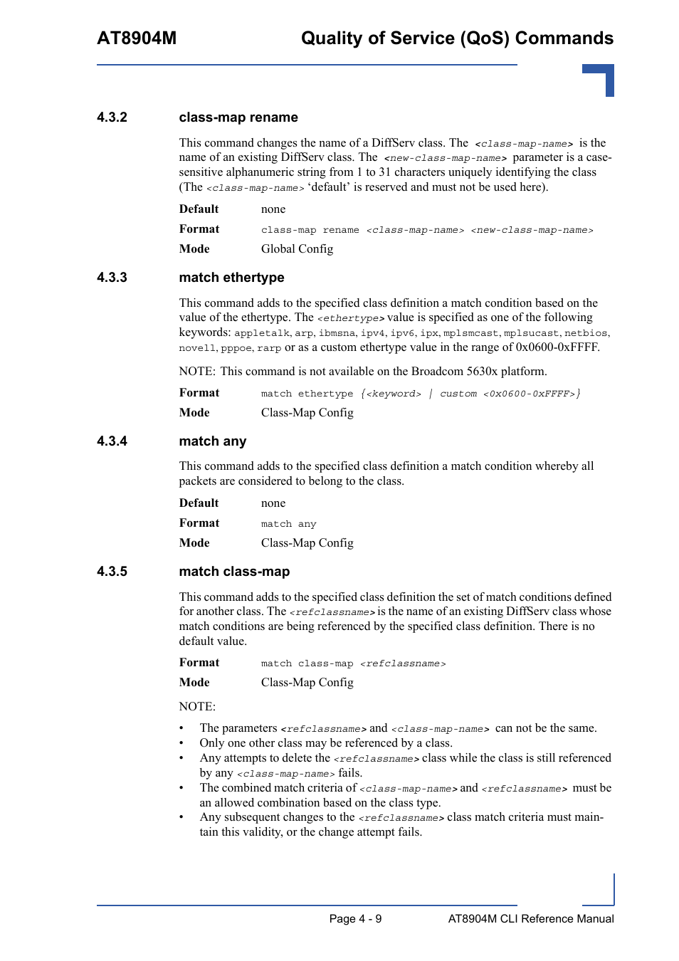 2 class-map rename, 3 match ethertype, 4 match any | 5 match class-map, Class-map rename - 9, Match ethertype - 9, Match any - 9, Match class-map - 9, At8904m quality of service (qos) commands | Kontron AT8904 CLI User Manual | Page 177 / 317