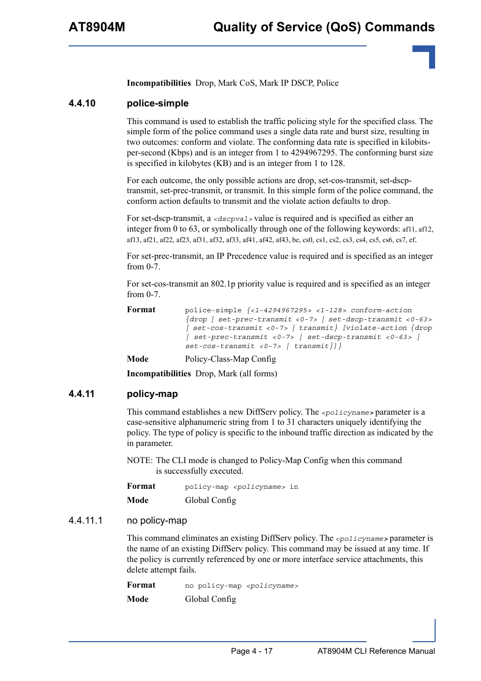 10 police-simple, 11 policy-map, 10 police-simple - 17 4.4.11 policy-map - 17 | At8904m quality of service (qos) commands | Kontron AT8904 CLI User Manual | Page 185 / 317