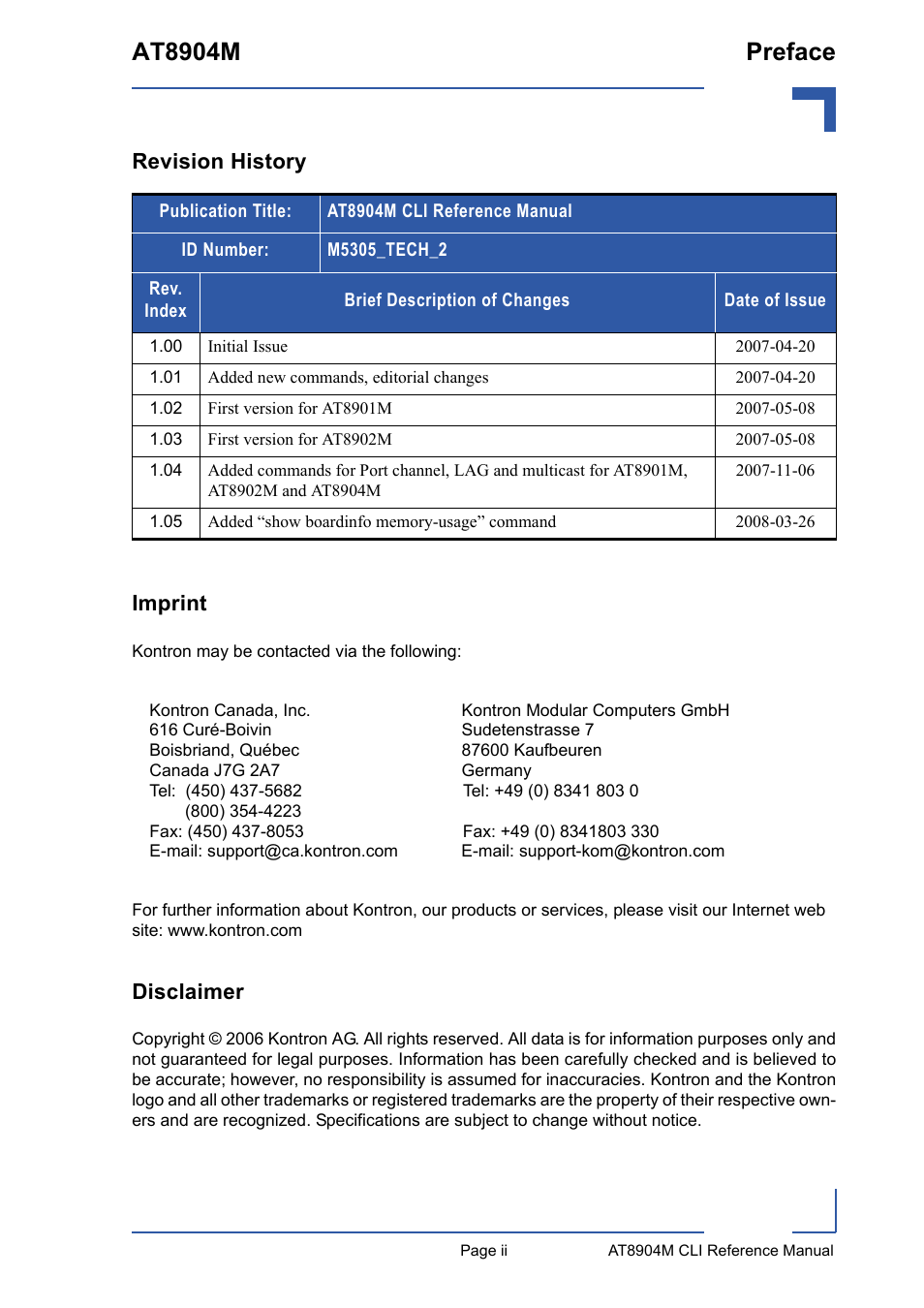 Revision history, Imprint, Disclaimer | At8904m preface, Revision history imprint | Kontron AT8904 CLI User Manual | Page 2 / 317