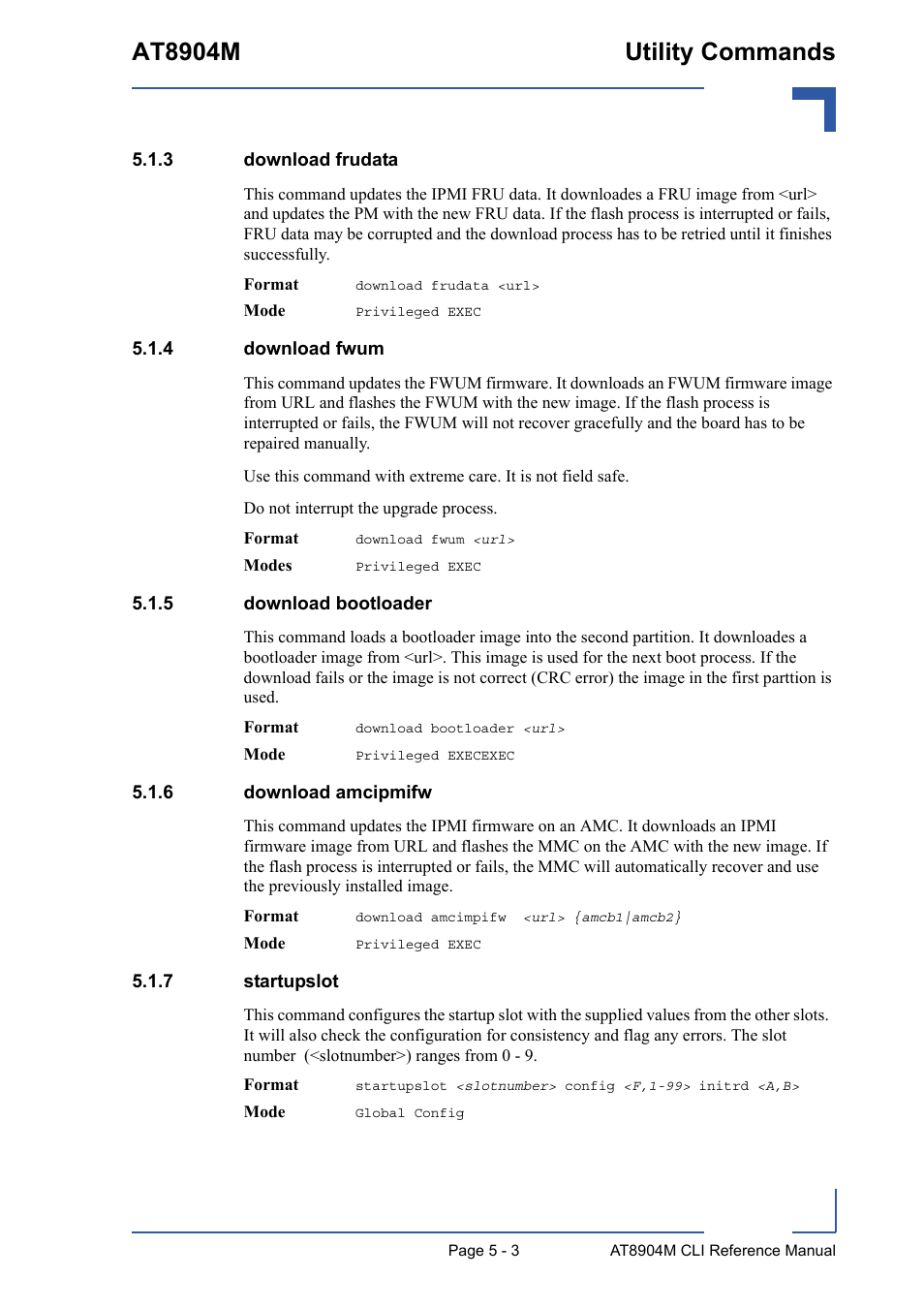 3 download frudata, 4 download fwum, 5 download bootloader | 6 download amcipmifw, 7 startupslot, Download frudata - 3, Download fwum - 3, Download bootloader - 3, Download amcipmifw - 3, Startupslot - 3 | Kontron AT8904 CLI User Manual | Page 203 / 317