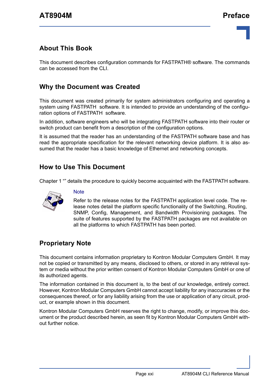 About this book, Why the document was created, How to use this document | Proprietary note, At8904m preface | Kontron AT8904 CLI User Manual | Page 21 / 317