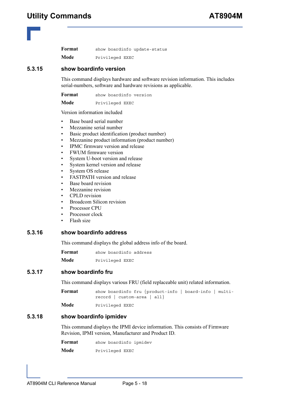 15 show boardinfo version, 16 show boardinfo address, 17 show boardinfo fru | 18 show boardinfo ipmidev, Utility commands at8904m | Kontron AT8904 CLI User Manual | Page 218 / 317
