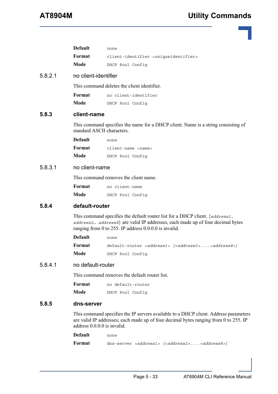 3 client-name, 4 default-router, 5 dns-server | Client-name - 33, Default-router - 33, Dns-server - 33, At8904m utility commands | Kontron AT8904 CLI User Manual | Page 233 / 317