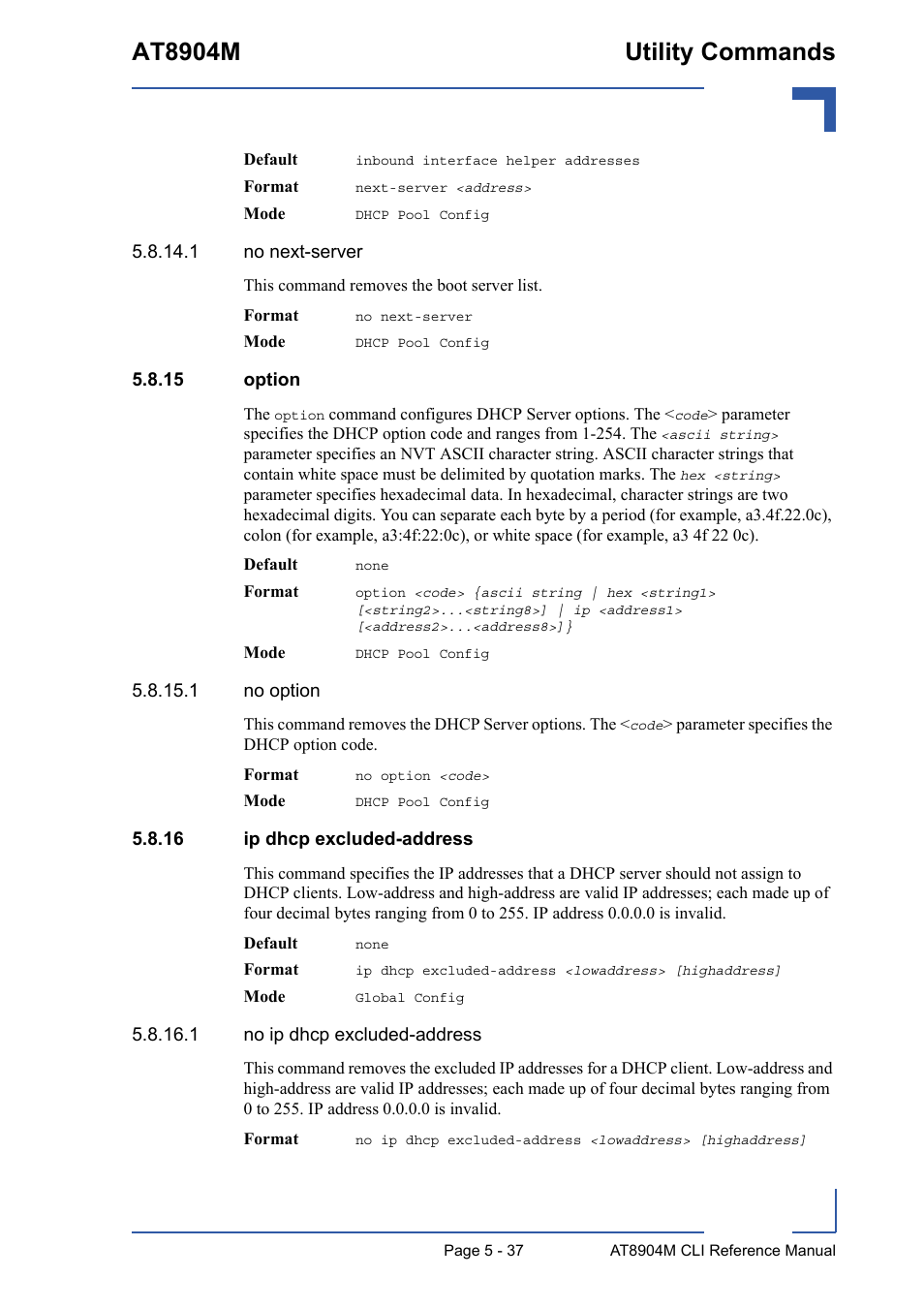 15 option, 16 ip dhcp excluded-address, At8904m utility commands | Kontron AT8904 CLI User Manual | Page 237 / 317