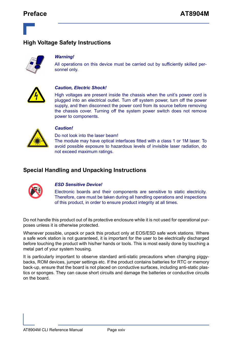 High voltage safety instructions, Special handling and unpacking instructions, Preface at8904m | Kontron AT8904 CLI User Manual | Page 24 / 317
