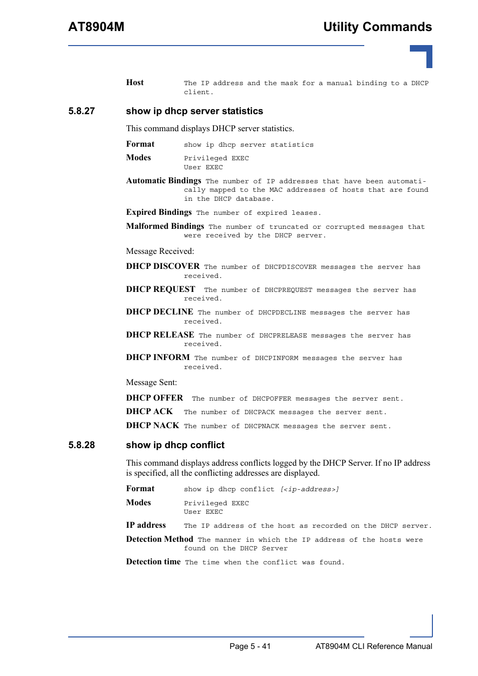 27 show ip dhcp server statistics, 28 show ip dhcp conflict, At8904m utility commands | Kontron AT8904 CLI User Manual | Page 241 / 317