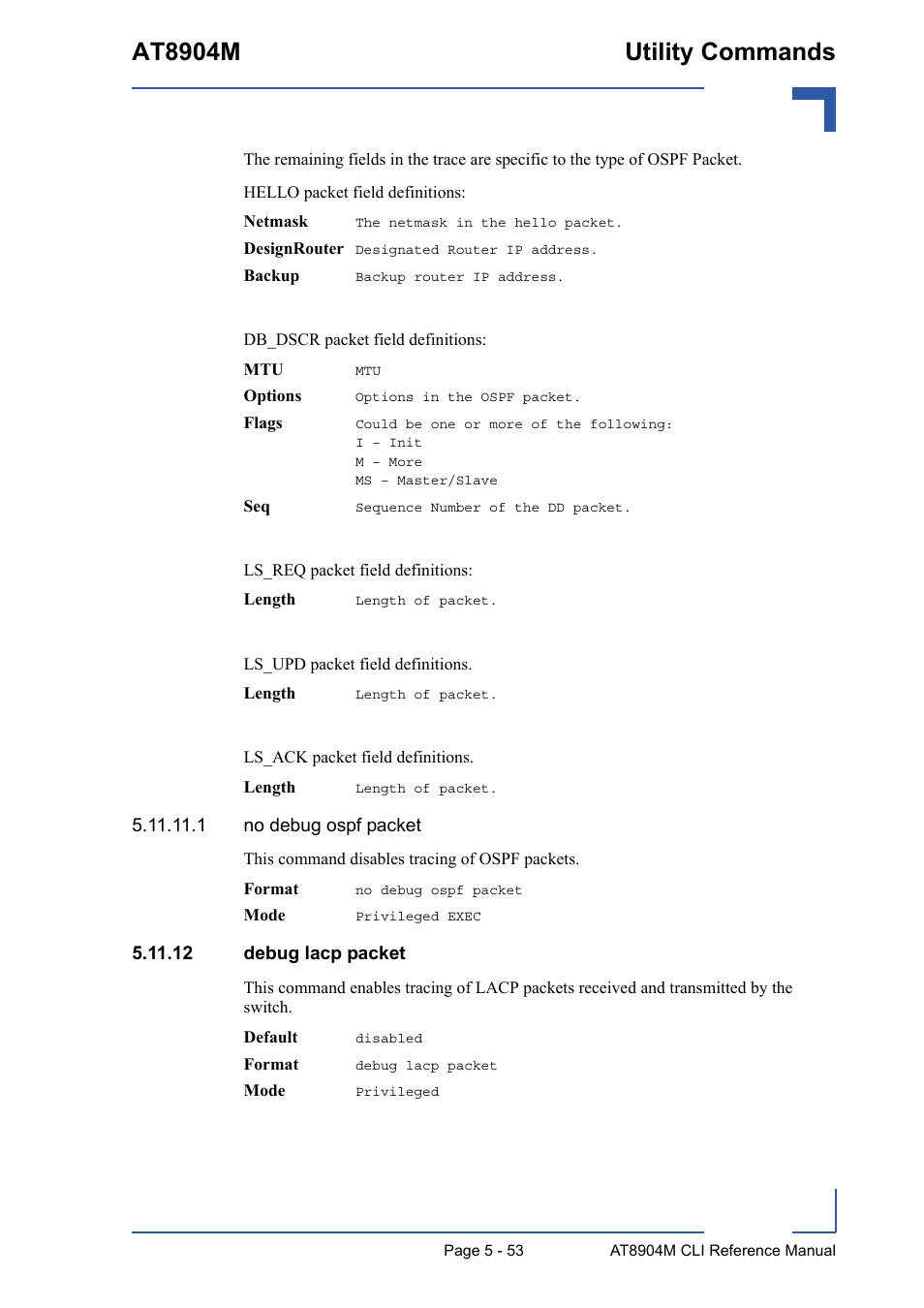 12 debug lacp packet, 12 debug lacp packet - 53, At8904m utility commands | Kontron AT8904 CLI User Manual | Page 253 / 317