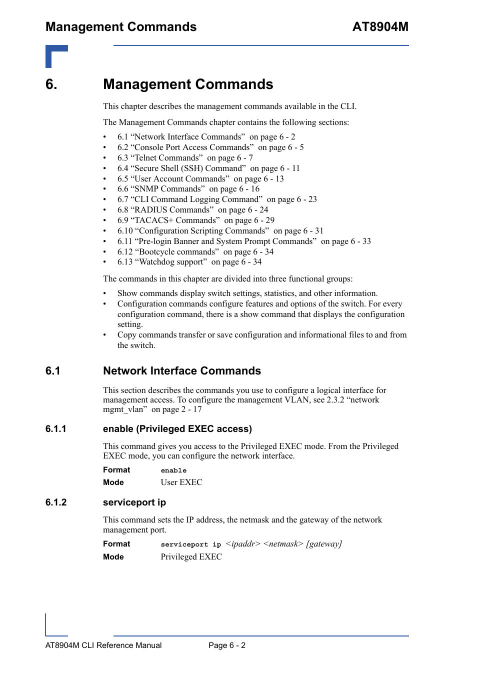 Management commands, 1 network interface commands, 1 enable (privileged exec access) | 2 serviceport ip, Management commands - 2, 1 network interface commands - 2, Enable (privileged exec access) - 2, Serviceport ip - 2, Management commands at8904m | Kontron AT8904 CLI User Manual | Page 256 / 317